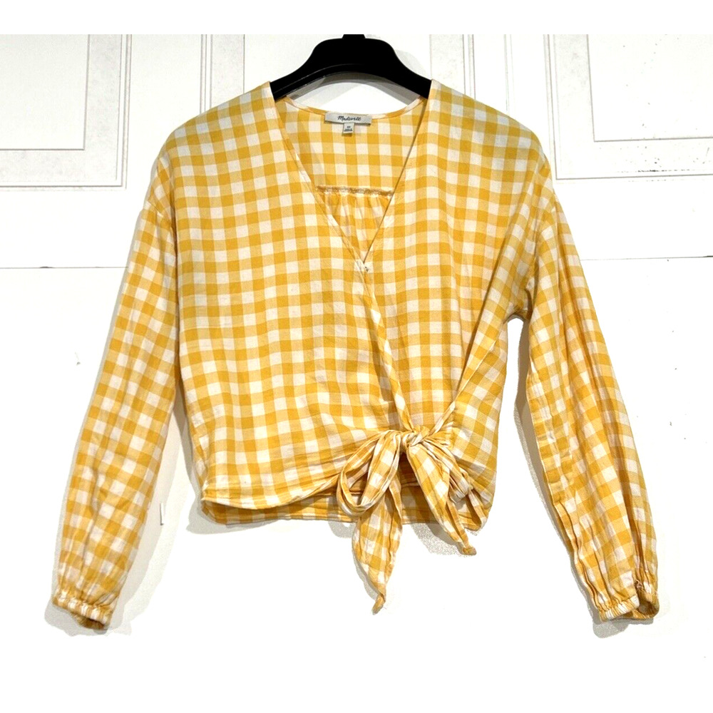 Madewell Women's XS Yellow White Gingham Plaid Tie Top Shirt
